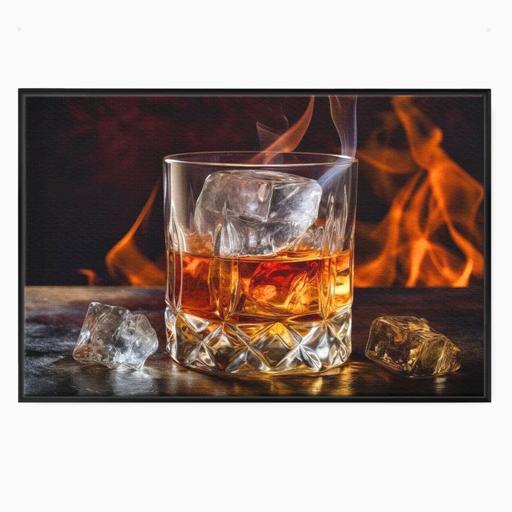 Tablou canvas cu tablou canvas cu pahar de whisky si foc, in rama de aluminiu negru